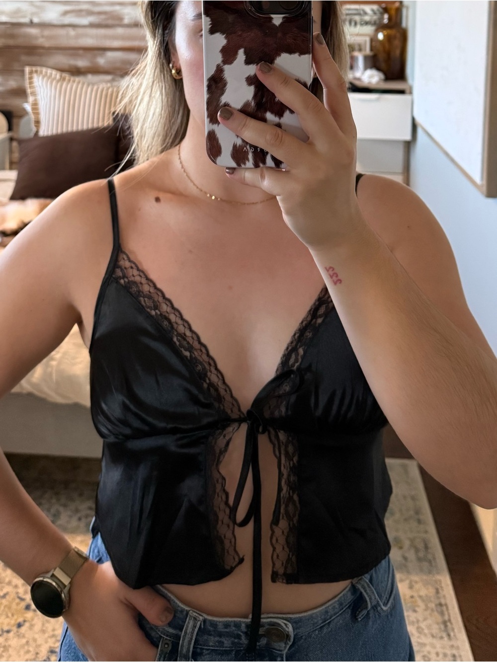 Black Lace-Trim Satin Tie-Front Cami Top